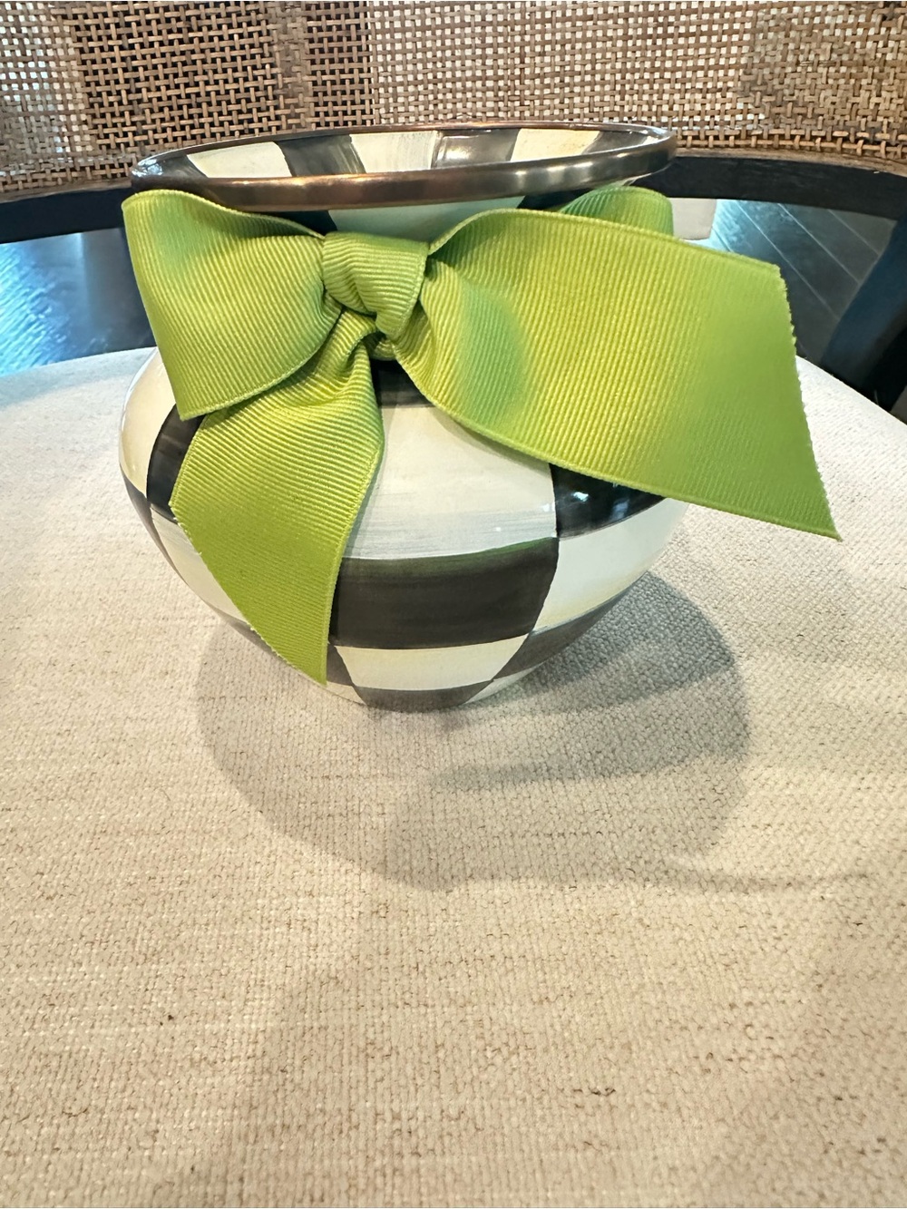 MacKenzie-Childs Courtley Check Ceramic Vase with Green Bow